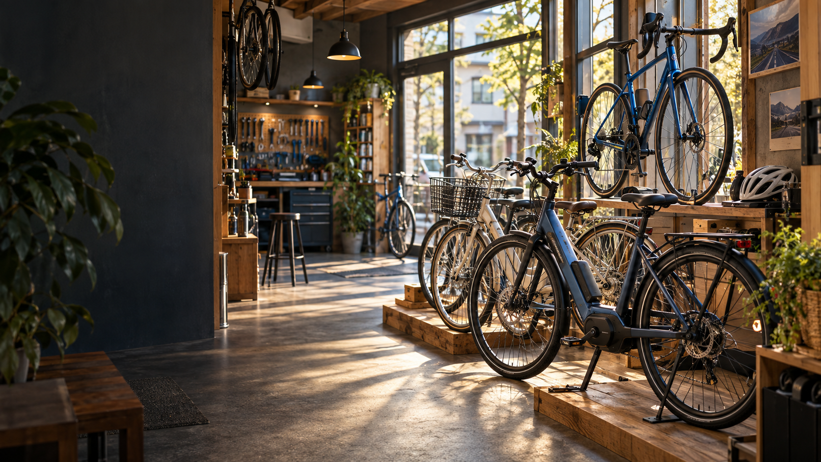 街の自転車店をイメージした店内と自転車
